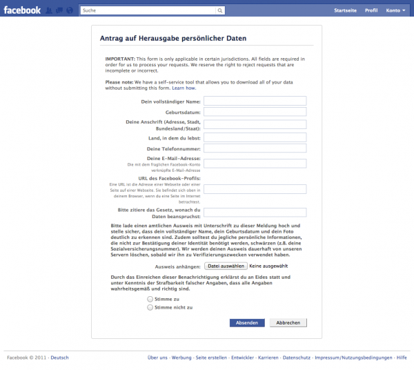 Facebook - Antrag auf Herausgabe persönlicher Daten