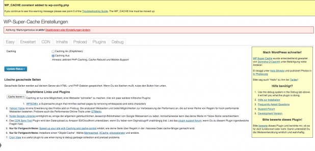 WP-Super-Cache - Hauptfenster