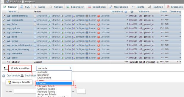 Datenbank Tabellen löschen