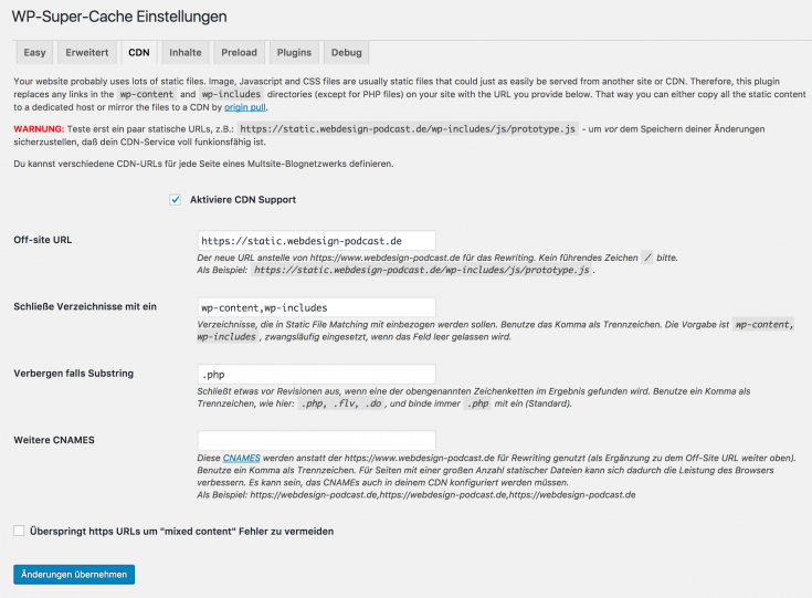 CDN Einstellung WP-Super-Cache