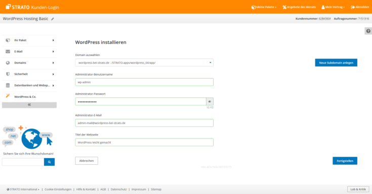 WordPress 1-Klick-Installation bei STRATO
